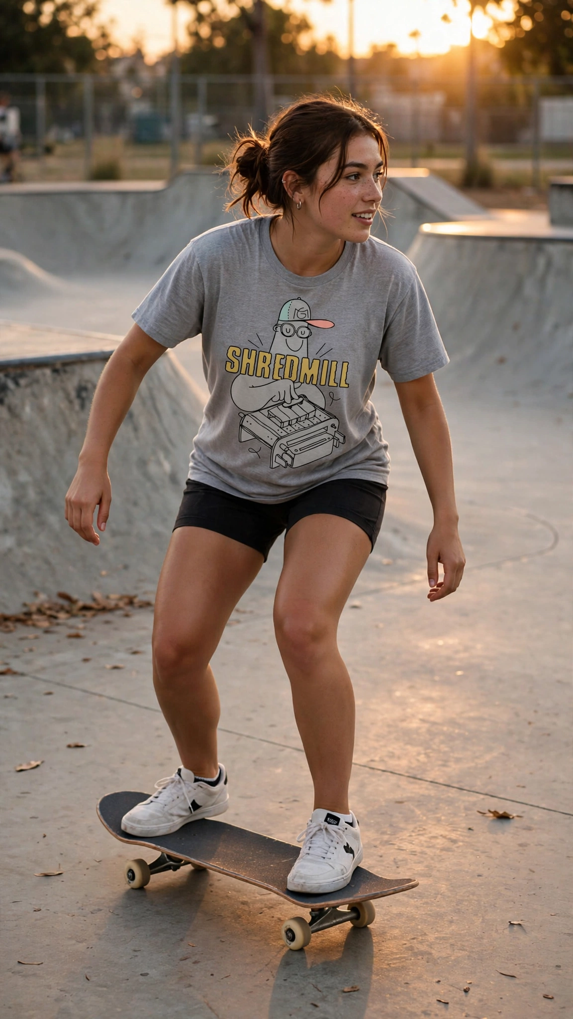 Illustrative skatepark scene with a skater wearing the gray Shredmill and Raviollie tee
